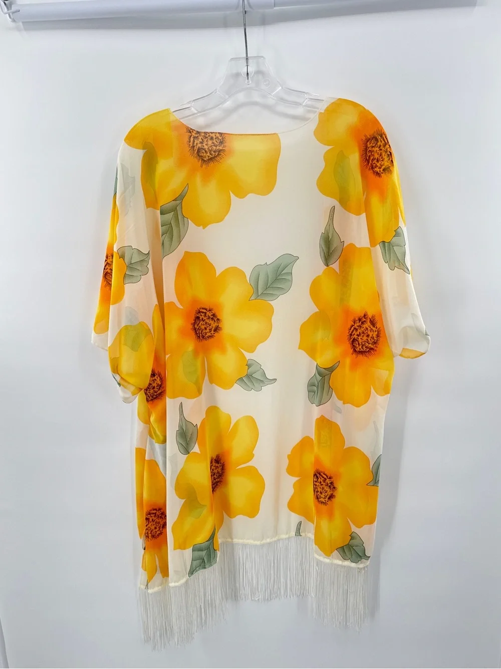 Sheer Floral Kimono Cover Up Yellow Orange Boho Fringe Hem Lightweight Summer - Picture 5 of 8
